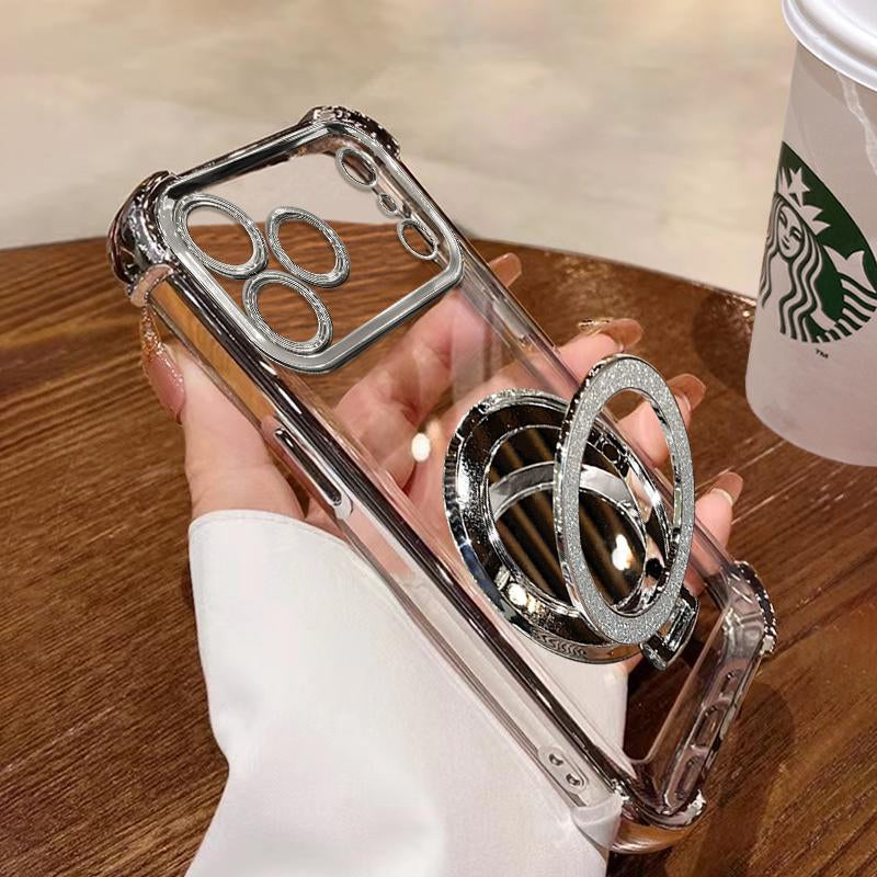 Women'S Phone Case with Mirror & Stand for Iphone 17 Promax/Pro/Air. Features a Silver Chrome Alloy Frame, High-Definition Transparent Material, Reinforced Corner Protection, and Full-Body Drop-Resistant Design.