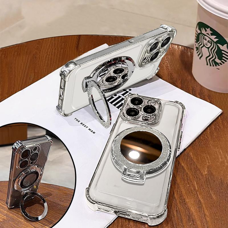 Women'S Phone Case with Mirror & Stand for Iphone 17 Promax/Pro/Air. Features a Silver Chrome Alloy Frame, High-Definition Transparent Material, Reinforced Corner Protection, and Full-Body Drop-Resistant Design.